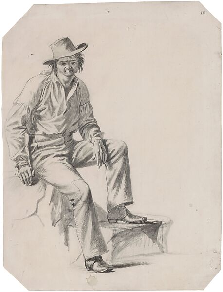 Raftsman, for "Watching the Cargo by Night" 1854, with alterations; possible study for "Saint Louis Wharf" 1849 (lost), George Caleb Bingham (American, Augusta County, Virginia 1811–1879 Kansas City, Missouri), Brush, black ink, and wash over pencil on off-white wove paper, American 