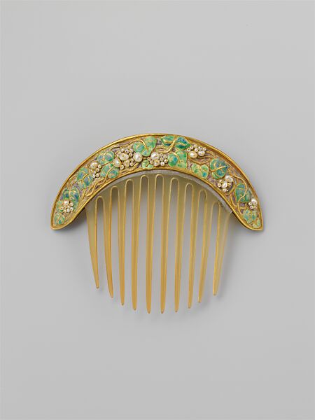 Comb, Florence Koehler (1861–1944), Gold, pearls, enamel, probably horn, American 