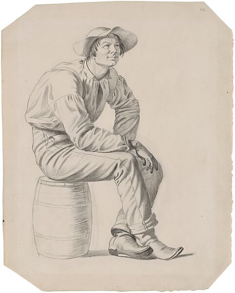 Boatman, study for figure in the foreground of "Lighter Relieving a Steamboat Aground" 1847, with variations in costume, George Caleb Bingham (American, Augusta County, Virginia 1811–1879 Kansas City, Missouri), Brush, black ink, and wash over pencil on cream wove paper, American 