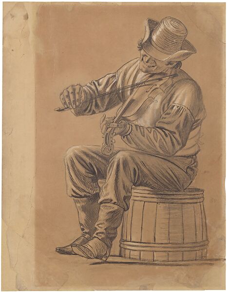 Fiddler (2), for "Jolly Flatboatmen in Port" 1857, and "The Jolly Flatboatmen" 1877–78, with alterations to the little finger of the right hand, George Caleb Bingham (American, Augusta County, Virginia 1811–1879 Kansas City, Missouri), Brush, ink, and wash over pencil, heightened with white chalk, on brown wove paper, American 