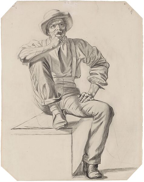 Rapt Listener, for "Lighter Relieving a Steamboat Aground", George Caleb Bingham (American, Augusta County, Virginia 1811–1879 Kansas City, Missouri), Brush, black ink, and wash over pencil on cream wove paper, American 
