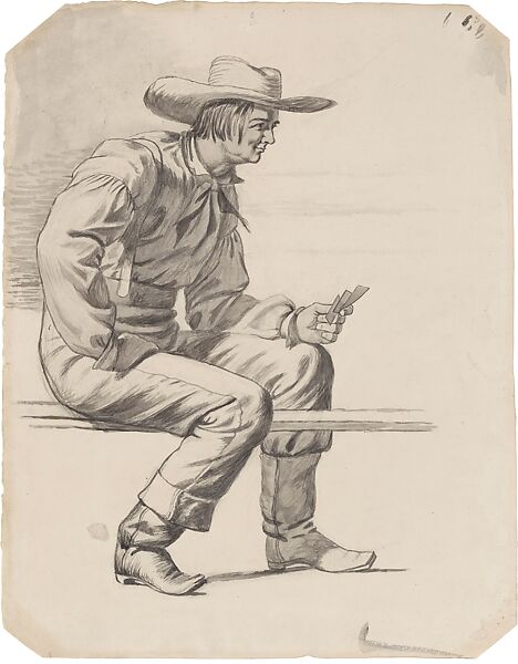 Cardplayer, for "Raftsmen Playing Cards" 1847, and "In a Quandary" 1851, both with alteration to the right leg, George Caleb Bingham (American, Augusta County, Virginia 1811–1879 Kansas City, Missouri), Brush, black ink, and wash over pencil on cream wove paper, American 