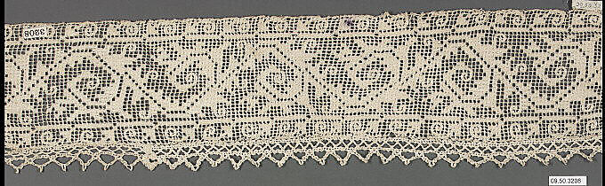 Border, Embroidered net, punto à rammendo, bobbin lace, German 