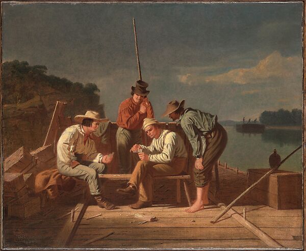 In a Quandary, or Mississippi Raftsmen at Cards, George Caleb Bingham (American, Augusta County, Virginia 1811–1879 Kansas City, Missouri), Oil on canvas, American 