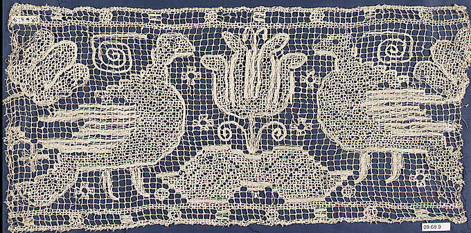 Border fragment, Embroidered net, Southern German 