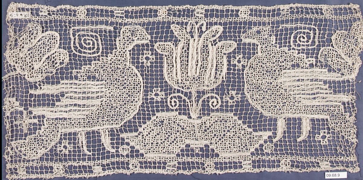 Border fragment, Embroidered net, Southern German