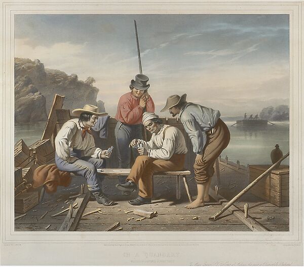 In a Quandry, Mississippi Raftsmen Playing Cards, Claude Regnier, Hand-colored lithograph, American 