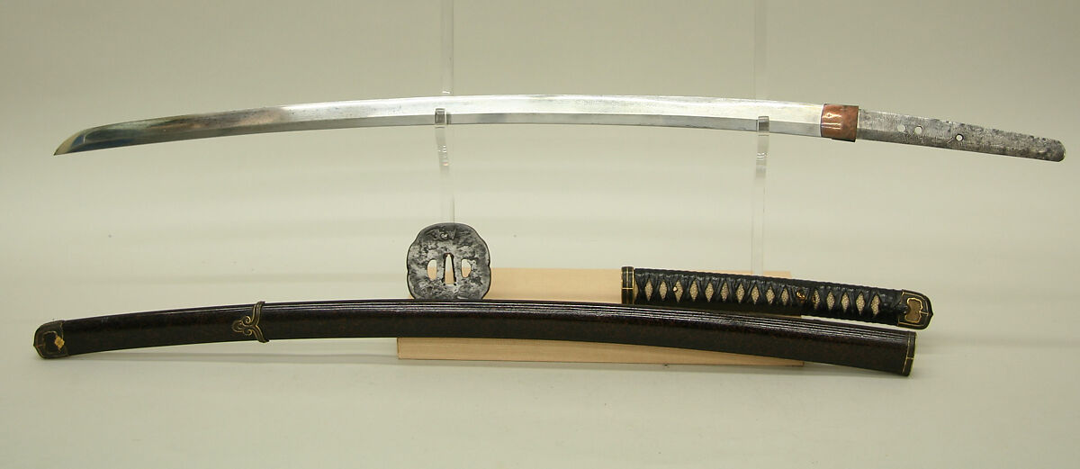 Blade and Mounting for a Sword (Katana), Steel, wood, lacquer, iron, gold, copper-gold alloy (shakudō), rayskin (samé), leather, windmill palm leaves, Japanese 