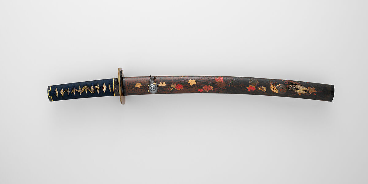 紅葉蒔絵鞘脇指拵 Mounting for a Short Sword (<i>Wakizashi</i>), 重武 Shigetake (Japanese, Edo, active 18th century), Steel, wood, lacquer, rayskin (<i>same</i>), thread, copper-gold alloy (<i>shakudō</i>), gold, copper-silver alloy (<i>shibuichi</i>), Japanese 