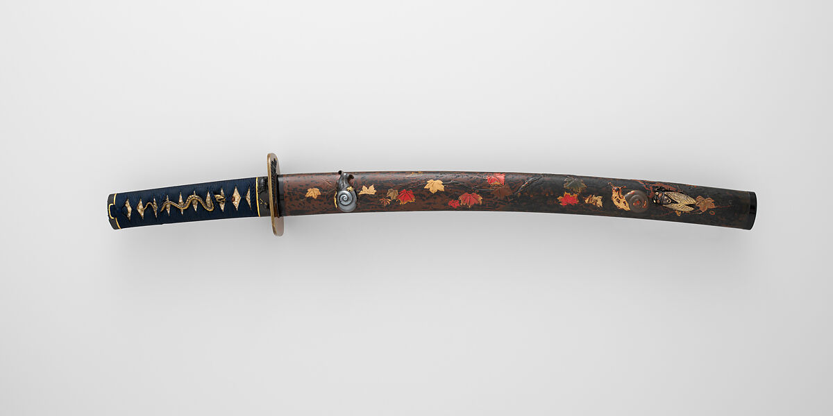 紅葉蒔絵鞘脇指拵 Mounting for a Short Sword (<i>Wakizashi</i>), 重武 Shigetake  Japanese, Steel, wood, lacquer, rayskin (<i>same</i>), thread, copper-gold alloy (<i>shakudō</i>), gold, copper-silver alloy (<i>shibuichi</i>), Japanese