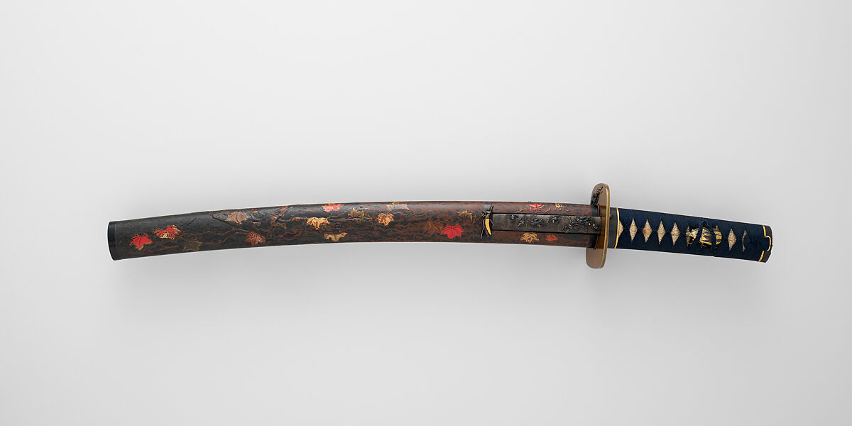 紅葉蒔絵鞘脇指拵 Mounting for a Short Sword (<i>Wakizashi</i>), 重武 Shigetake (Japanese, Edo, active 18th century), Steel, wood, lacquer, rayskin (<i>same</i>), thread, copper-gold alloy (<i>shakudō</i>), gold, copper-silver alloy (<i>shibuichi</i>), Japanese