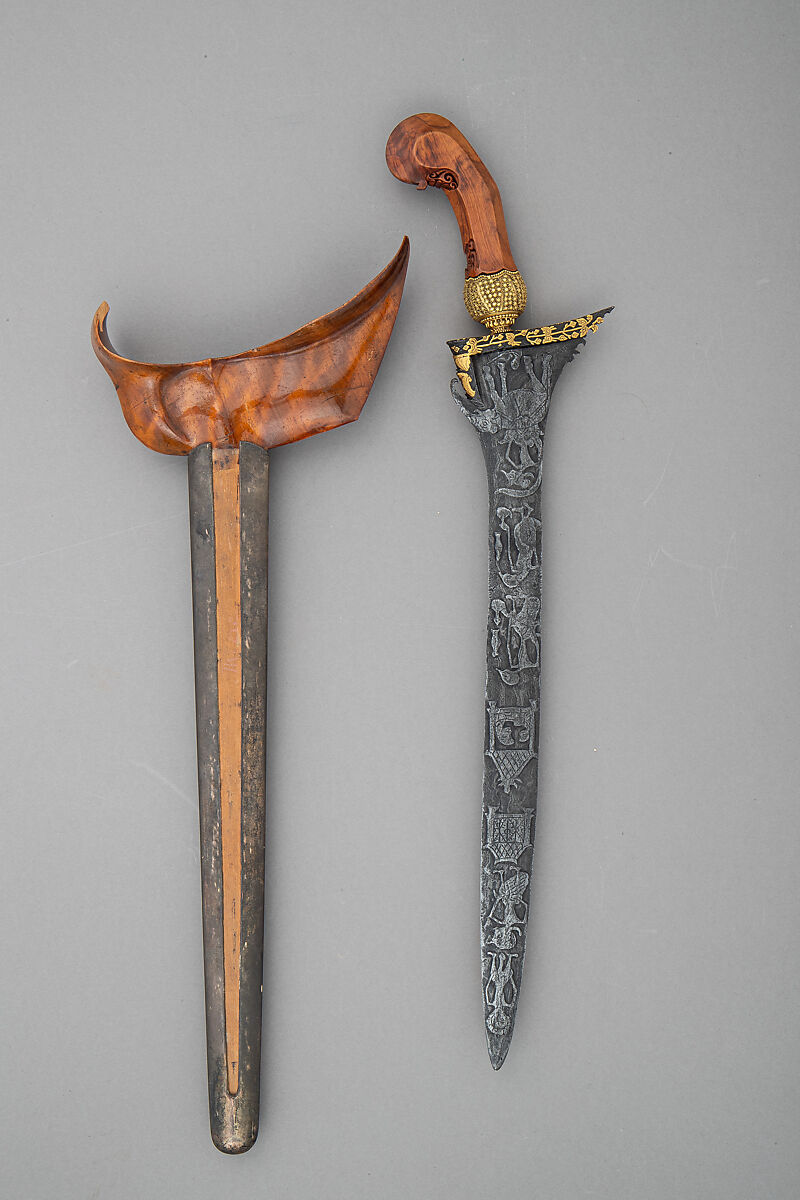 Kris with Sheath, Iron, gold, wood, Malaysian