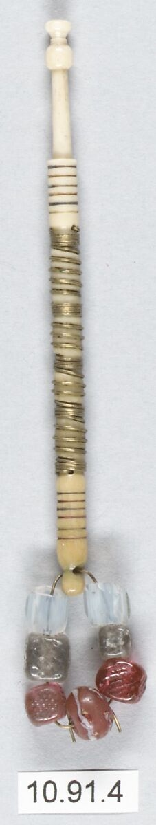 Bobbin, Bone, metal and beads, British, Bedfordshire 