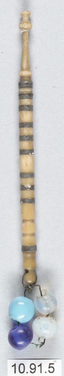 Bobbin, Bone, metal and beads, British, Bedfordshire (?) 