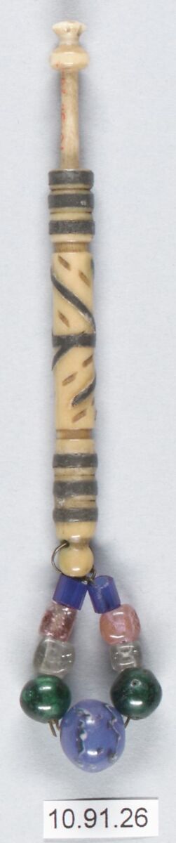 Bobbin, Bone, metal and beads, British, Buckinghamshire 