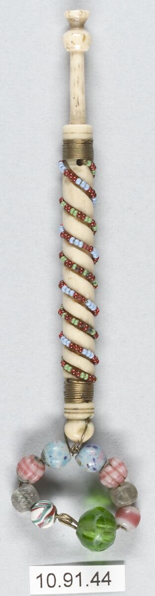 Bobbin, Bone, metal and beads, British 