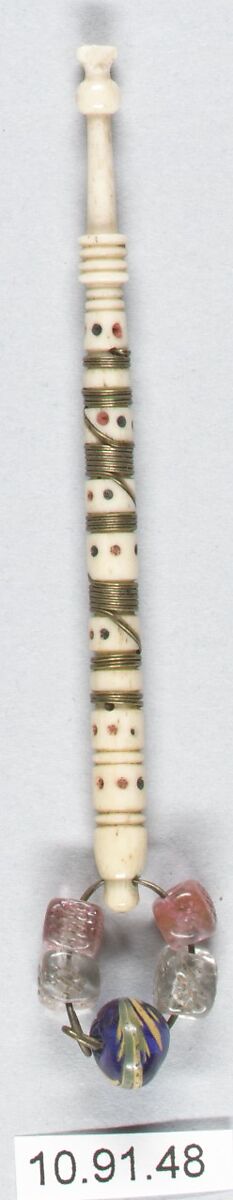 Bobbin, Bone, metal and beads, British 