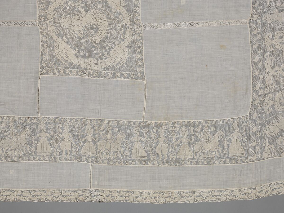 Cover, Linen, embroidered net, Italian, Sicily