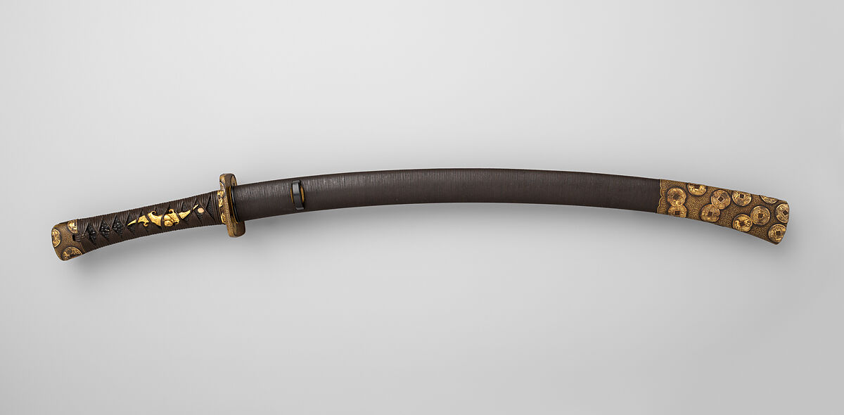 Blade and Mounting for a Short Sword (<i>Wakizashi</i>), Steel, wood, brass, lacquer, copper-gold alloy (<i>shakudō</i>), ray skin (<i>same</i>), silk, silver, Japanese 