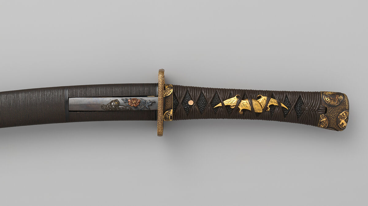 Blade and Mounting for a Short Sword (<i>Wakizashi</i>), Steel, wood, brass, lacquer, copper-gold alloy (<i>shakudō</i>), ray skin (<i>same</i>), silk, silver, Japanese