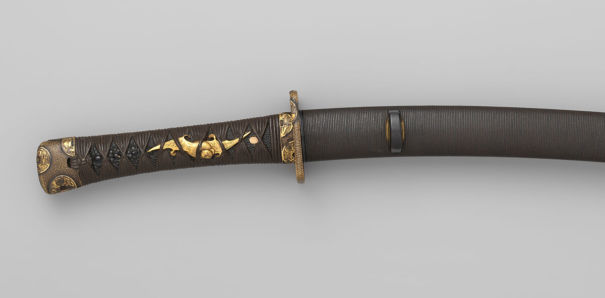 Blade and Mounting for a Short Sword (<i>Wakizashi</i>), Steel, wood, brass, lacquer, copper-gold alloy (<i>shakudō</i>), ray skin (<i>same</i>), silk, silver, Japanese