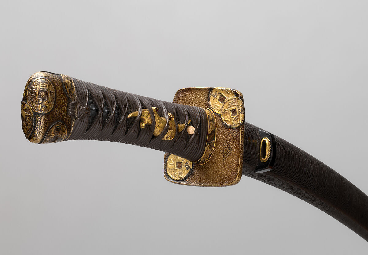 Blade and Mounting for a Short Sword (<i>Wakizashi</i>), Steel, wood, brass, lacquer, copper-gold alloy (<i>shakudō</i>), ray skin (<i>same</i>), silk, silver, Japanese