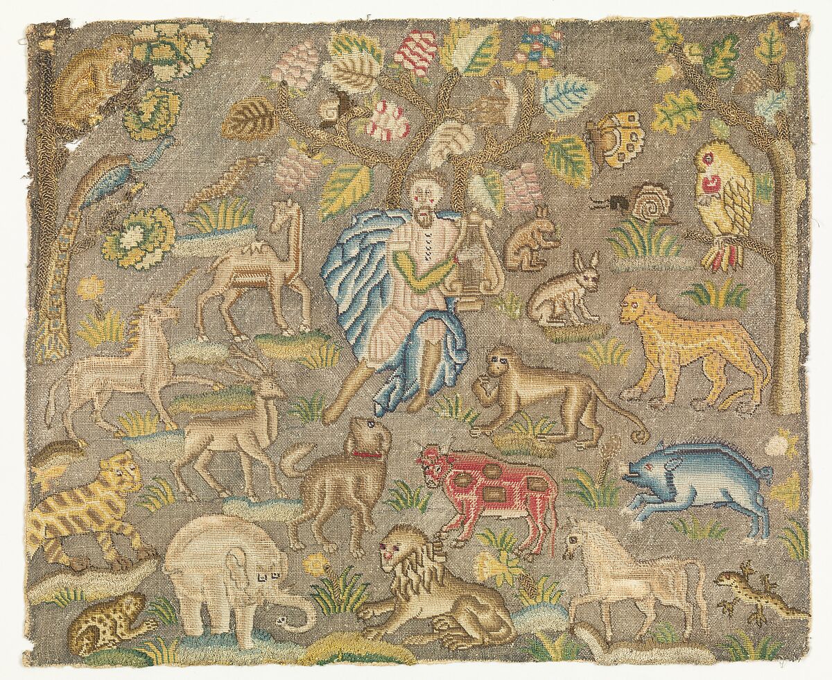 Orpheus charming the animals, Silk and metal thread on canvas, British 
