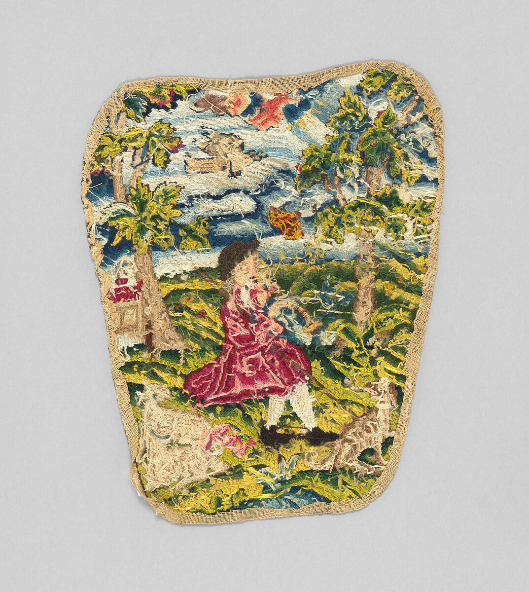 Panel for a hand screen (one of a pair), Wool on canvas, British