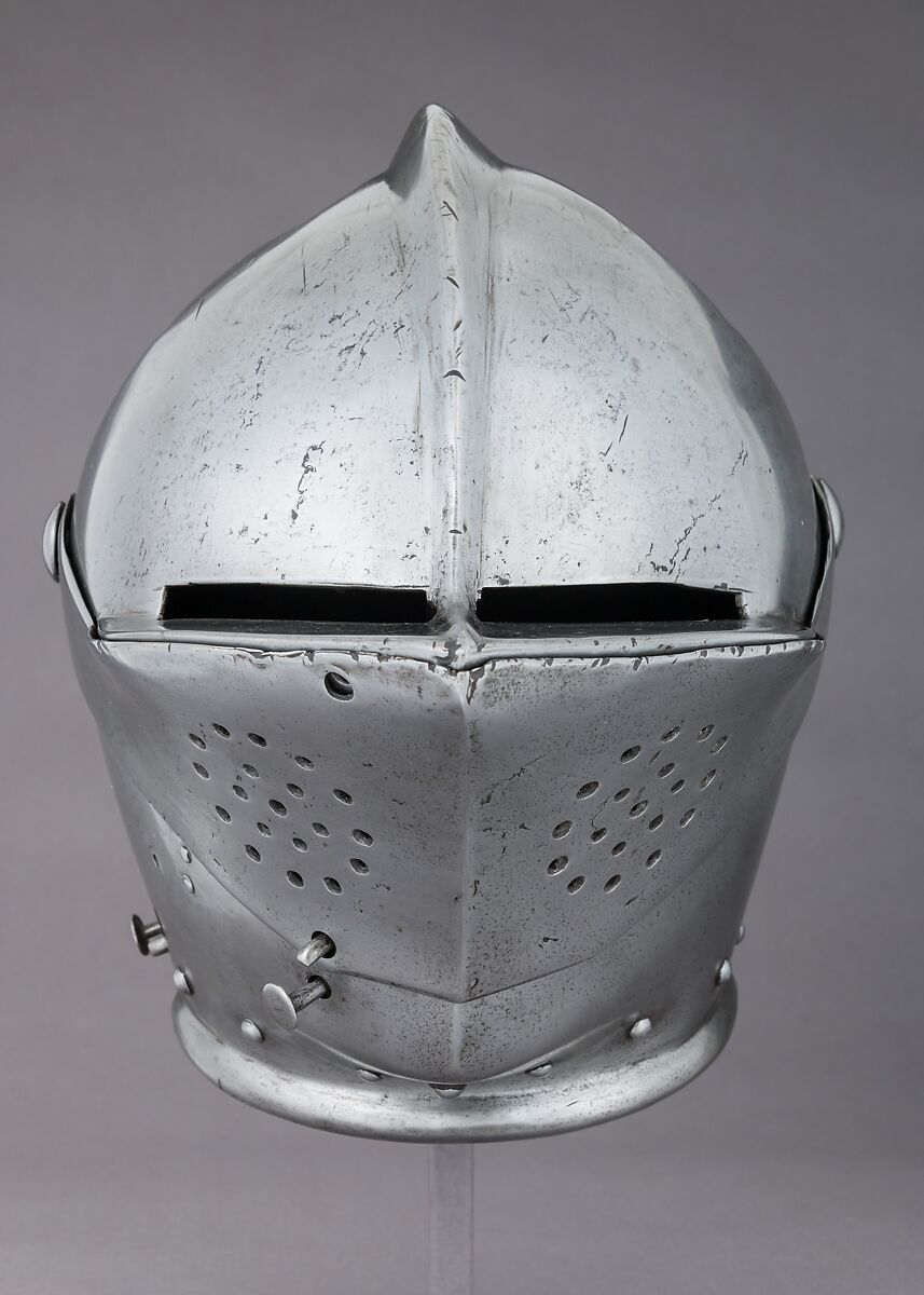 Close-Helmet for the Tournament on Foot, Steel, leather, textile, Possibly German, Dresden; or Swedish, Stockholm