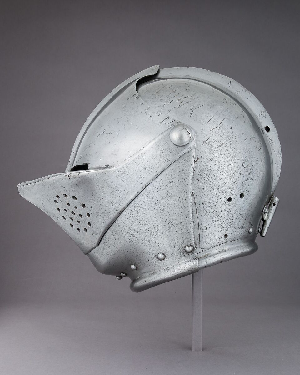 Close-Helmet for the Tournament on Foot, Steel, leather, textile, Possibly German, Dresden; or Swedish, Stockholm