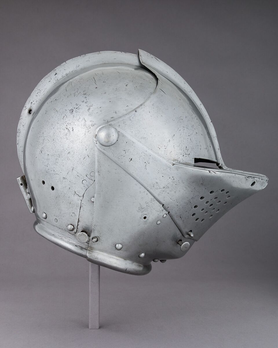 Close-Helmet for the Tournament on Foot, Steel, leather, textile, Possibly German, Dresden; or Swedish, Stockholm