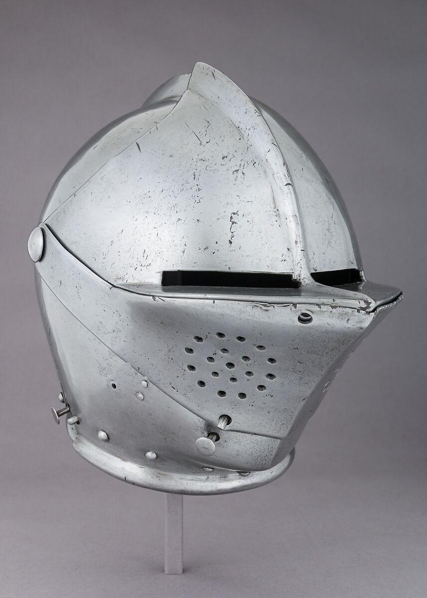 Close-Helmet for the Tournament on Foot, Steel, leather, textile, Possibly German, Dresden; or Swedish, Stockholm