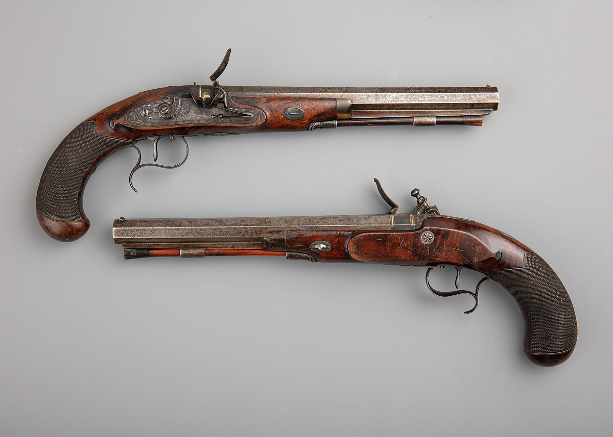 Flintlock Duelling Pistol, Simeon North (American, Middletown, Connecticut, 1765–1852), Steel, gold, silver, wood (walnut, hickory), horn, American, Middletown, Connecticut 