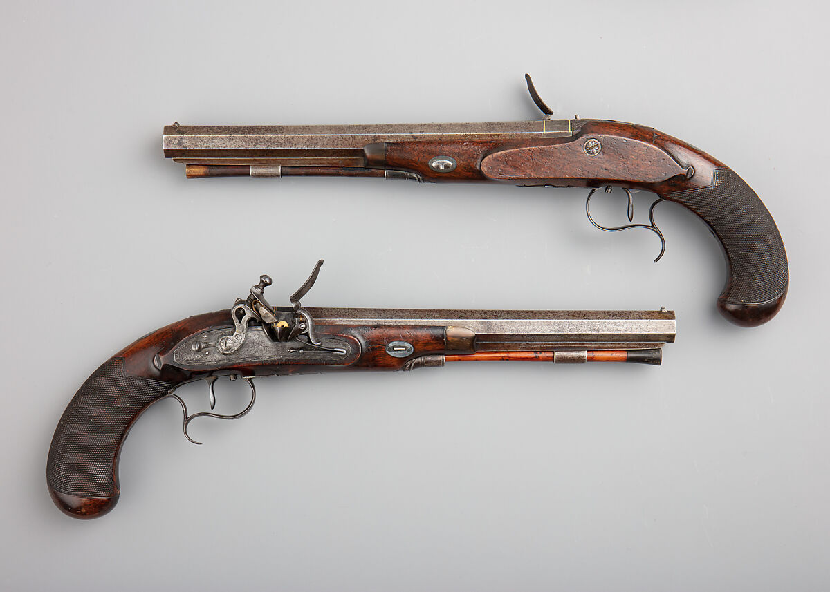 Flintlock Duelling Pistol, Simeon North (American, Middletown, Connecticut, 1765–1852), Steel, gold, silver, wood (walnut, hickory), horn, American, Middletown, Connecticut