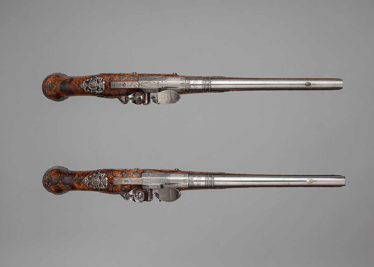 Pair of Flintlock Pistols Made for Christian Ernst, Margrave of Brandenburg-Ansbach-Bayreuth-Kulmbach, Charles Froment (French, active Germany, 1657–1722), Steel, wood, silver, Franco-German, Erlangen-Neustadt
