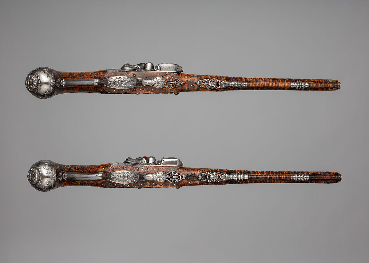 Pair of Flintlock Pistols Made for Christian Ernst, Margrave of Brandenburg-Ansbach-Bayreuth-Kulmbach, Charles Froment (French, active Germany, 1657–1722), Steel, wood, silver, Franco-German, Erlangen-Neustadt