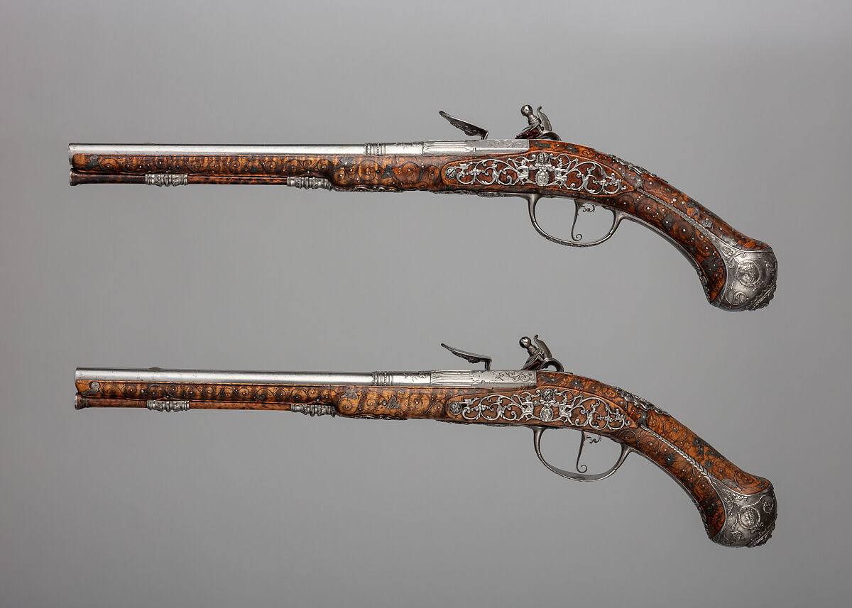 Pair of Flintlock Pistols Made for Christian Ernst, Margrave of Brandenburg-Ansbach-Bayreuth-Kulmbach, Charles Froment (French, active Germany, 1657–1722), Steel, wood, silver, Franco-German, Erlangen-Neustadt