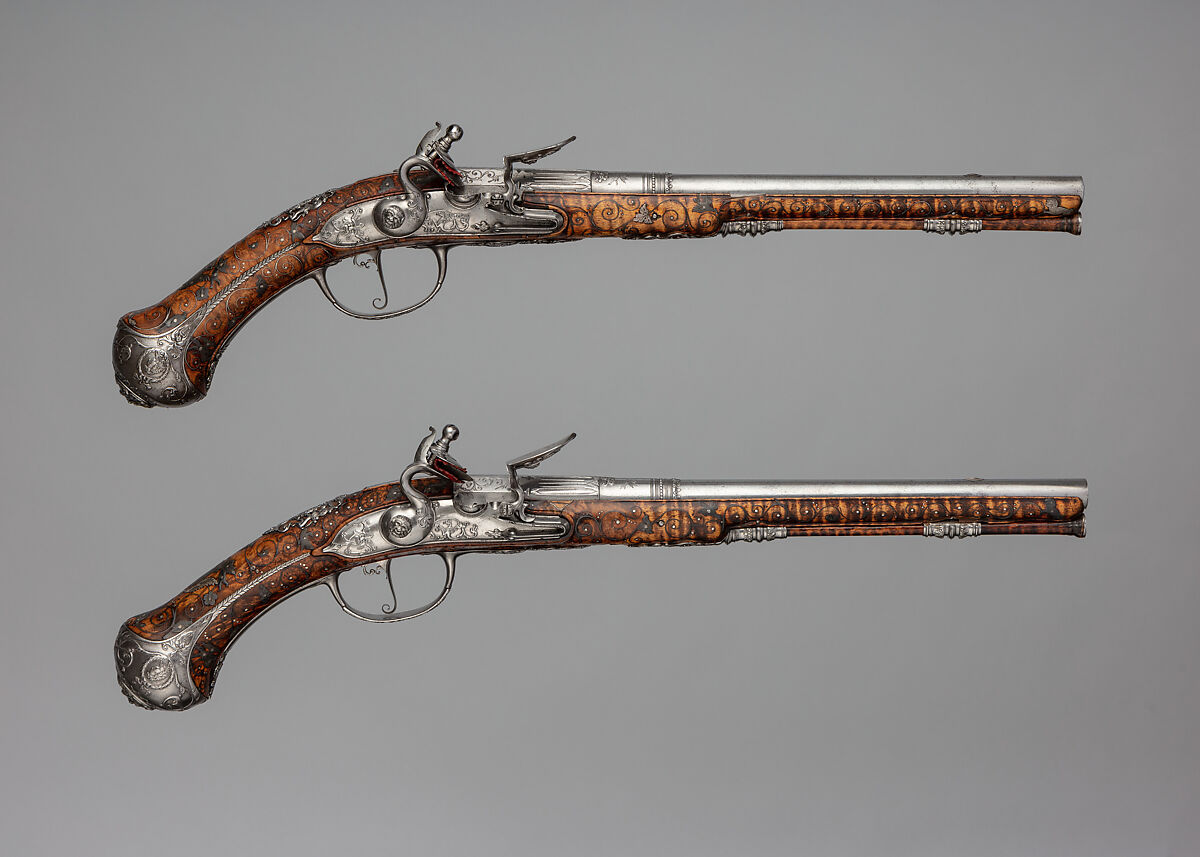 Pair of Flintlock Pistols Made for Christian Ernst, Margrave of Brandenburg-Ansbach-Bayreuth-Kulmbach, Charles Froment (French, active Germany, 1657–1722), Steel, wood, silver, Franco-German, Erlangen-Neustadt 