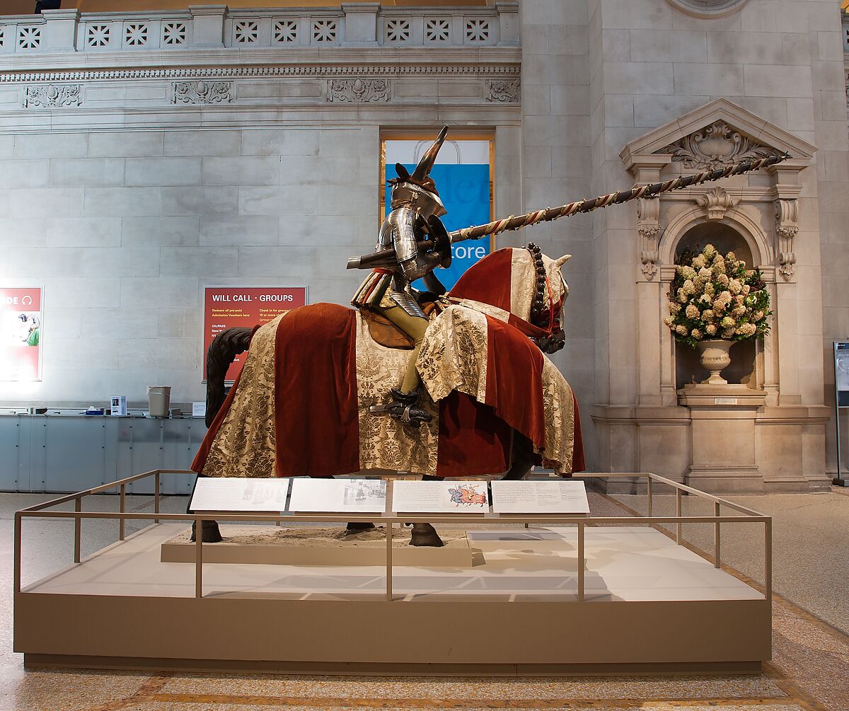 Jousting Armor, Helmet made by Daniel Tachaux (French, 1857–1928, active in France and America), Steel, copper alloy, leather, textile, horn, German; restorations, French, Paris