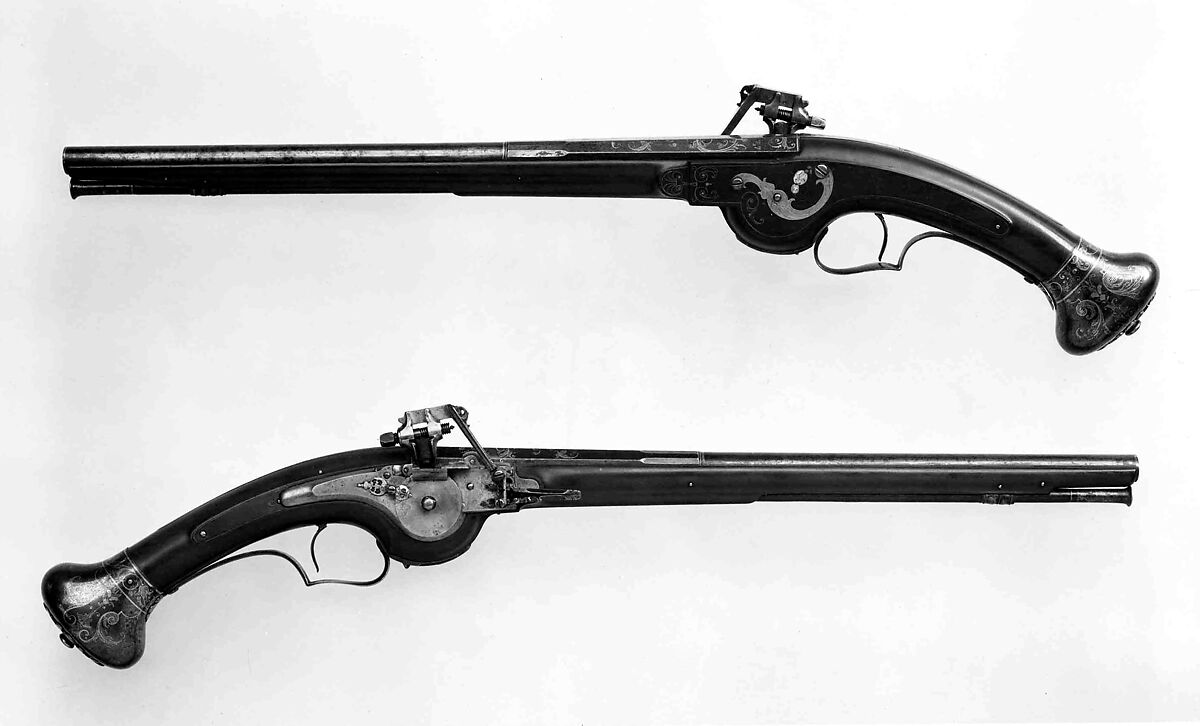 Pair of Wheellock Pistols, François Du Clos (French, Paris, recorded 1636–active ca. 1650), Steel, gold, brass, wood, silver, mother-of-pearl, French, Paris 