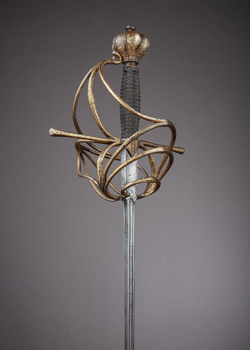 Rapier, Andreas Munsten, German, Solingen, active ca. 1600, or Peter Munsten (German, Solingen, mentioned 1591–1627), Steel, gold, iron, wood, hilt, Italian; blade, German, Solingen 