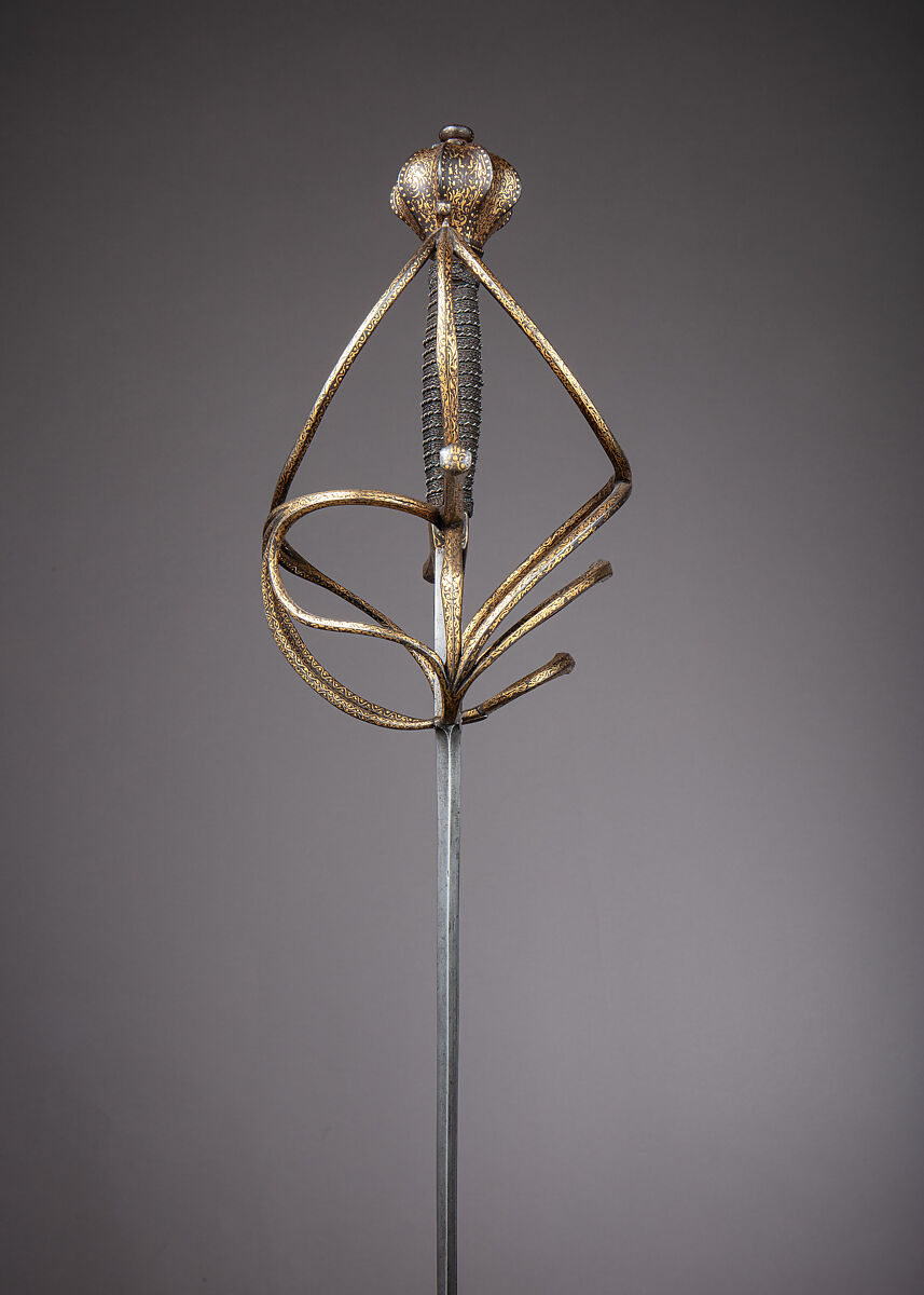 Rapier, Andreas Munsten, German, Solingen, active ca. 1600, or Peter Munsten (German, Solingen, mentioned 1591–1627), Steel, gold, iron, wood, hilt, Italian; blade, German, Solingen