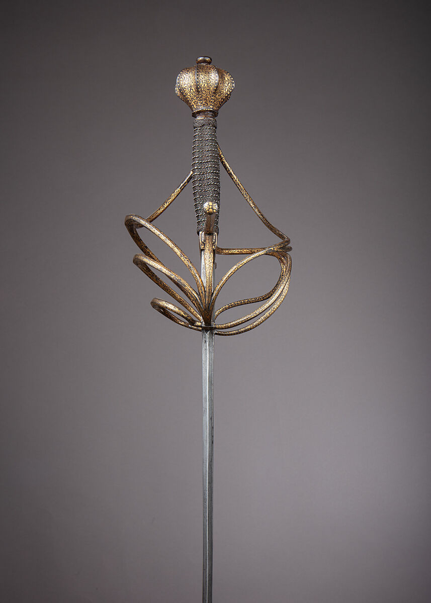 Rapier, Andreas Munsten, German, Solingen, active ca. 1600, or Peter Munsten (German, Solingen, mentioned 1591–1627), Steel, gold, iron, wood, hilt, Italian; blade, German, Solingen
