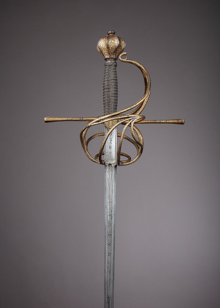 Rapier, Andreas Munsten, German, Solingen, active ca. 1600, or Peter Munsten (German, Solingen, mentioned 1591–1627), Steel, gold, iron, wood, hilt, Italian; blade, German, Solingen