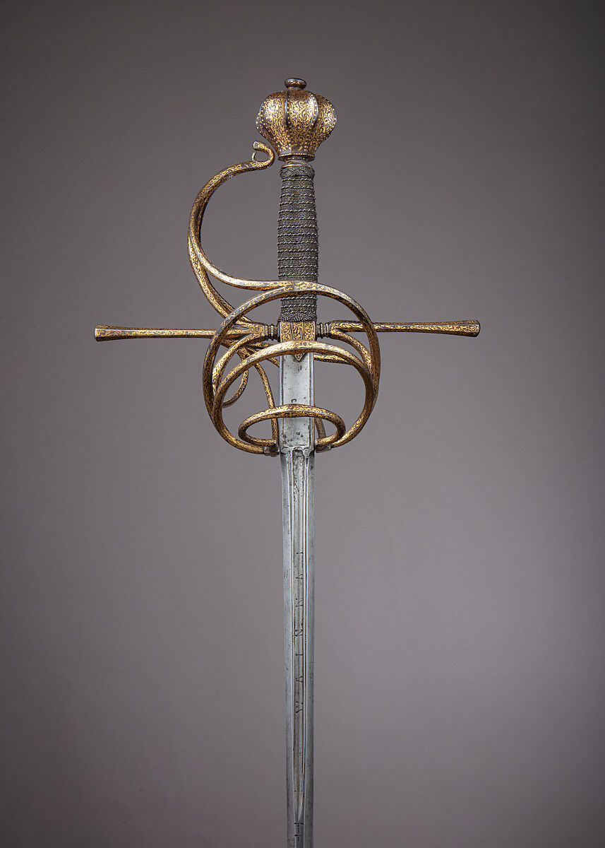 Rapier, Andreas Munsten, German, Solingen, active ca. 1600, or Peter Munsten (German, Solingen, mentioned 1591–1627), Steel, gold, iron, wood, hilt, Italian; blade, German, Solingen