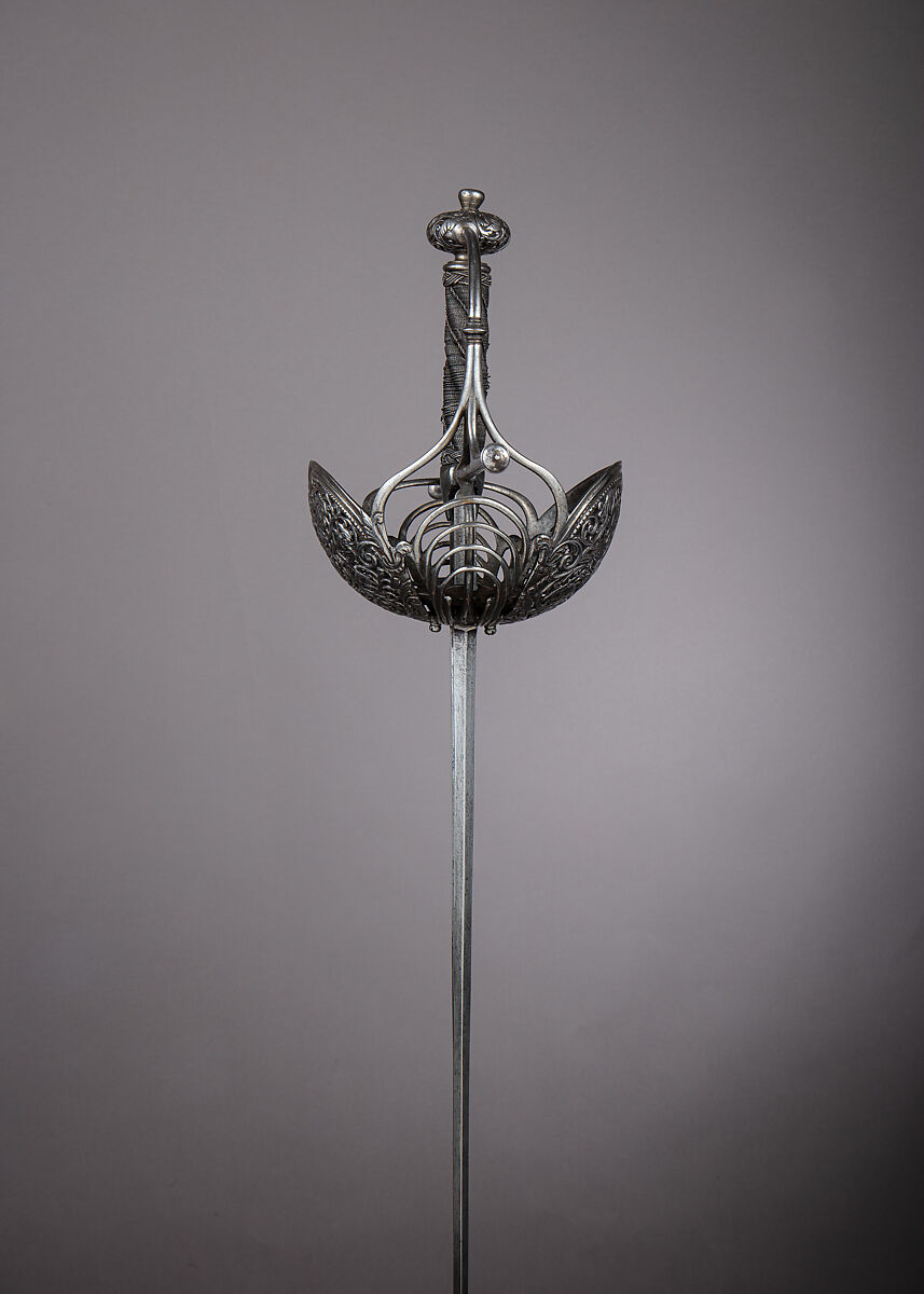 Cup-Hilted Rapier, Johann Bongen (German, Solingen, active 17th century), Steel, iron, wood, hilt, Italian, probably Naples; blade, German, Solingen