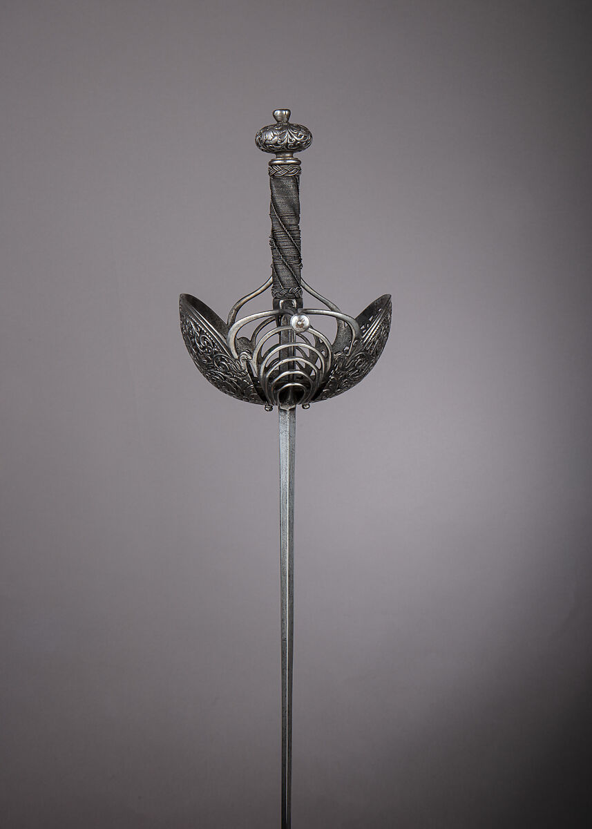 Cup-Hilted Rapier, Johann Bongen (German, Solingen, active 17th century), Steel, iron, wood, hilt, Italian, probably Naples; blade, German, Solingen