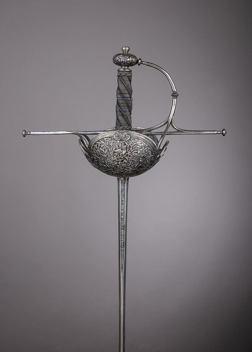 Cup-Hilted Rapier, Johann Bongen (German, Solingen, active 17th century), Steel, iron, wood, hilt, Italian, probably Naples; blade, German, Solingen