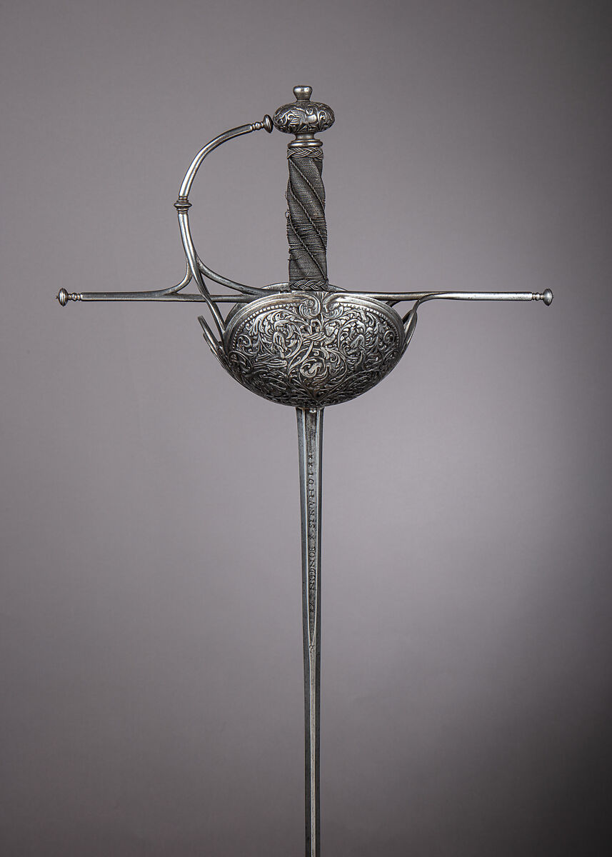 Cup-Hilted Rapier, Johann Bongen (German, Solingen, active 17th century), Steel, iron, wood, hilt, Italian, probably Naples; blade, German, Solingen 