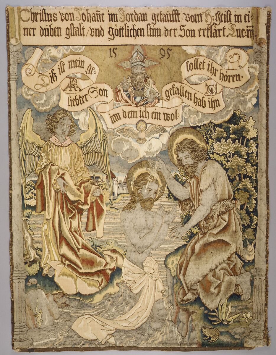 The Baptism of Christ from a set of The Passion, Design based on an engraving by Martin Schongauer (German, Colmar ca. 1435/50–1491 Breisach) (The Baptism of Christ), Wool, silk, metal thread (20 warp threads per inch, 8 per cm.), German, Alsace, possibly Strasbourg